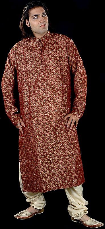 Maroon Kurta Set with All-Over Golden Thread Weave and Sequins