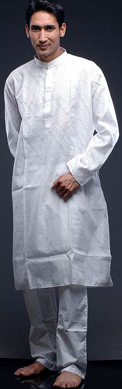 Milky White Kurta Pajama Set with Self Design