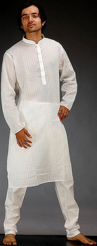 Milky-White Kurta Pajama with Checks in Self