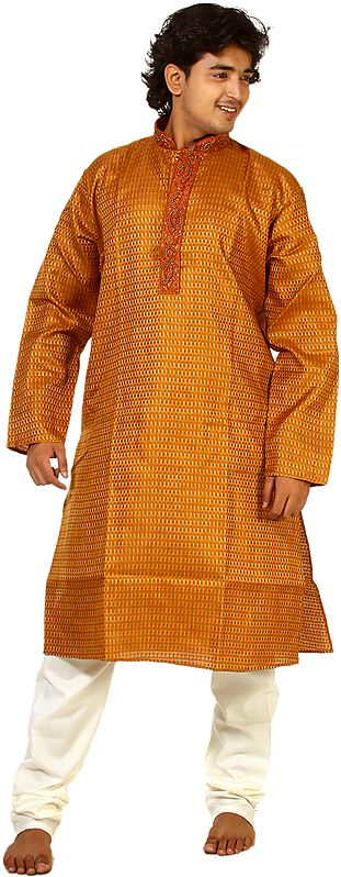 Mustard Kurta Pajama with Thread Weave and Embroidery on Button Palette