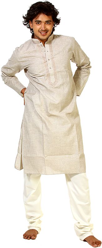 Neutral-Gray Kurta Pajama with Embroidery on Neck and Woven Stripes