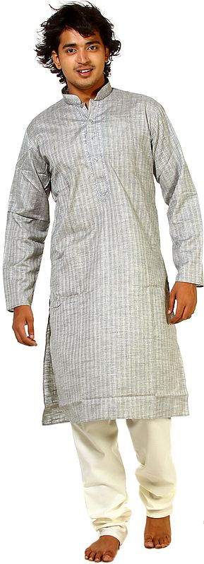 Neutral-Gray Kurta Pajama with Embroidery on Neck and All-Over Woven Stripes