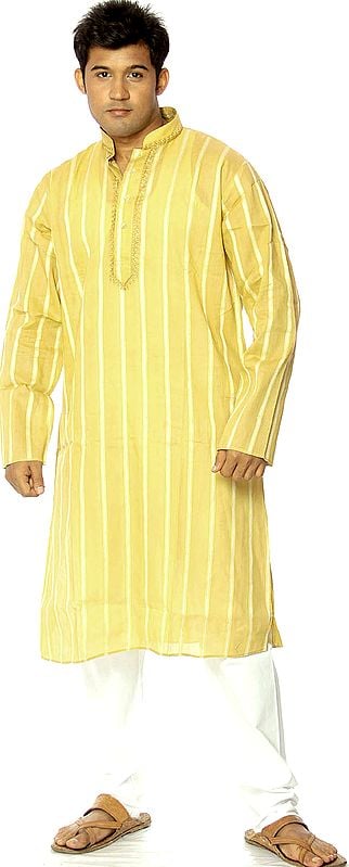 Ochre Kurta Pajama with Woven Stripes and Embroidery on Neck
