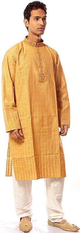 Old-Gold Kurta Pajama with All-Over Weave and Embroidery on Collar