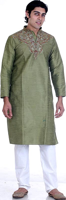 Olive Green Kurta Set with Threadwork and Small Sequins
