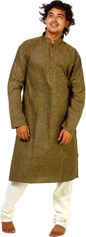 Olive-Green Kurta Pajama with Embroidery on Neck and Woven Stripes