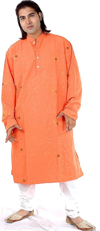 Orange Kurta Pajama with Leaves Embroidered All-Over