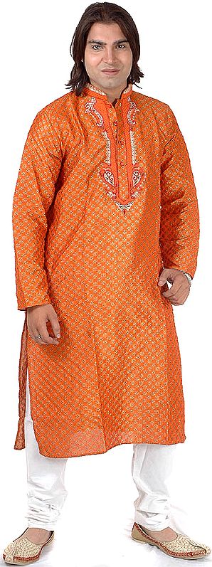 Orange Kurta Set with Golden Thread Weave and Embroidery on Button Palette