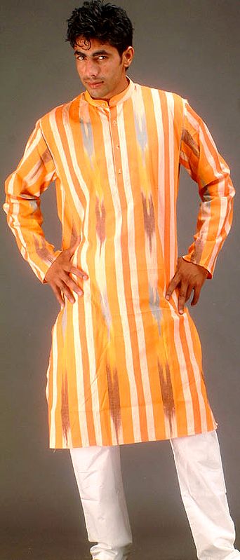 Orange Kurta Set with Ikat Weave