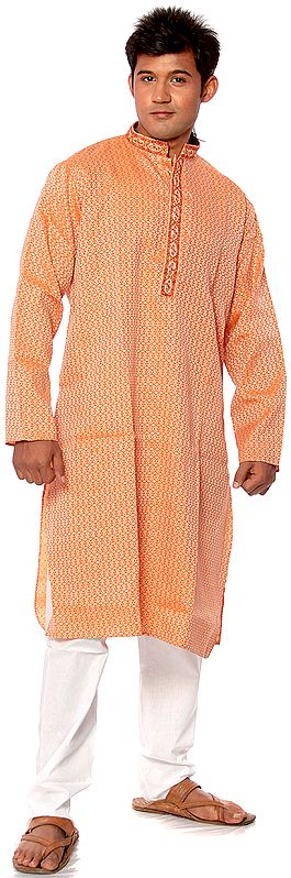 Orange Kurta Set with Thread Weave and Embroidery on Button Palette