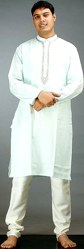 Pale Green Kurta Pajama Set with Checks in Self and Embroidery