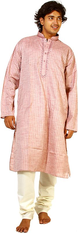 Pale-Blush Kurta Pajama with Embroidery on Neck and Woven Stripes