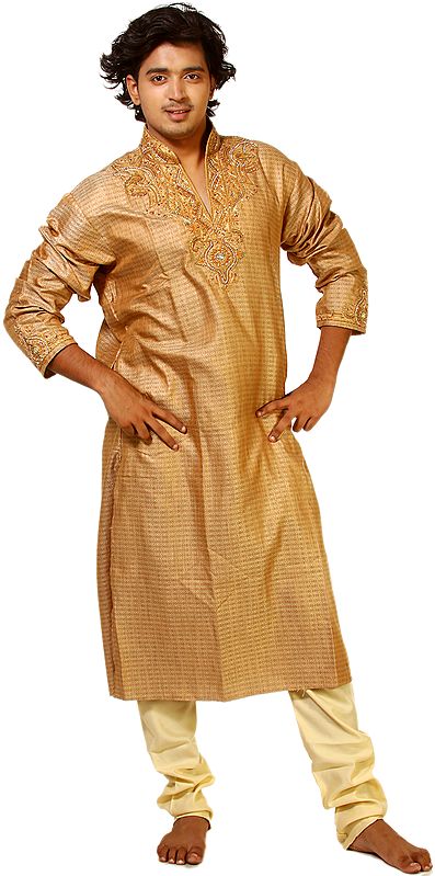 Pale-Brown Kurta Pajama with Crystals Embroidered on Neck and All-Over Weave