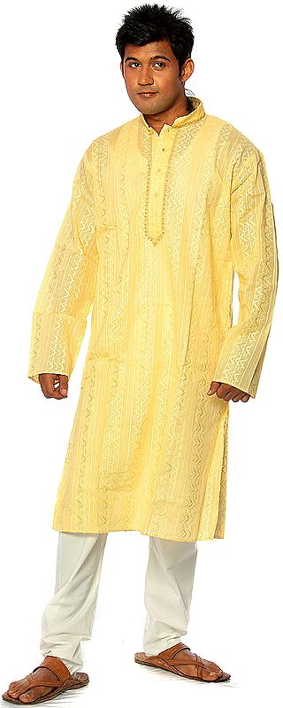 Pale-Yellow Kurta Pajama with Embroidery on Neck and Woven Stripes