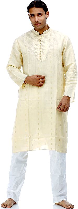 Pale-Yellow Kurta Pajama with Jaal Embroidery on Front and Golden Thread Weave