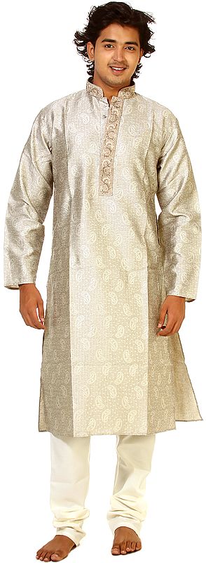 Paloma-Gray Kurta Pajama with Intricate Embroidery on Button Palette and All-Over Woven Paisleys