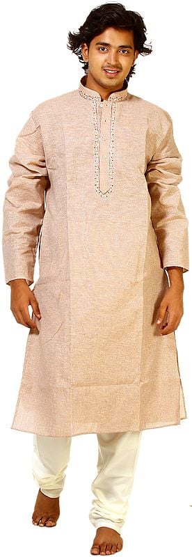 Pastel Rose-Pink Kurta Pajama with Embroidery on Neck and Woven Stripes
