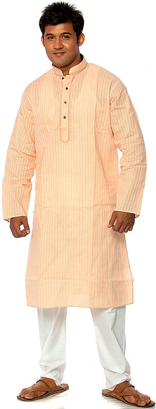 Peach Kurta Pajama with Woven Stripes and Embroidery on Neck