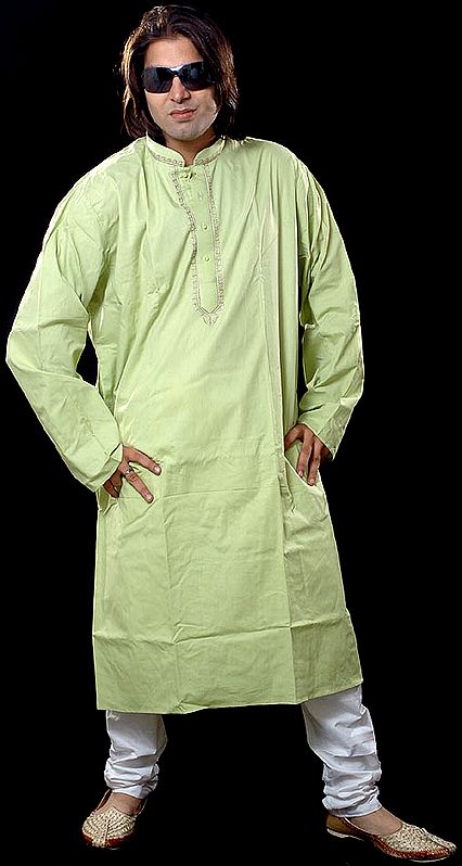 Plain Green Kurta Set with Embroidery on Button Palette