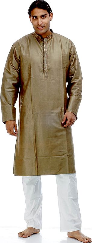 Plain Olive Kurta Pajama with Embroidery on Collar and Button Plaque