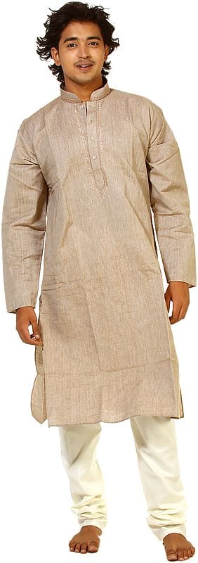 Plain Pale-Brown Kurta Pajama with Embroidery on Neck