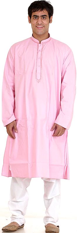 Plain Pink Kurta Pajama with Embroidery on Neck