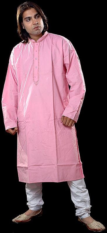 Plain Pink Kurta Set with Embroidery on Button Palette