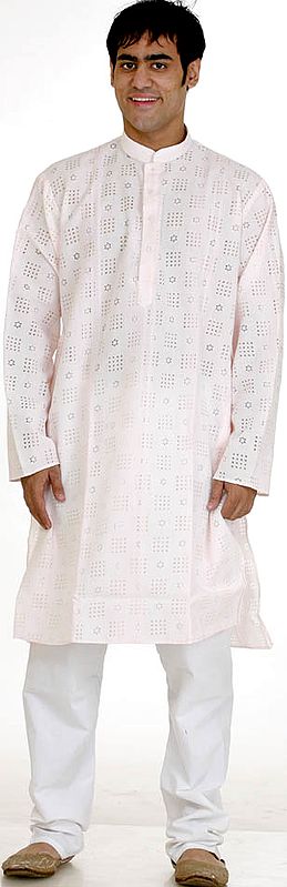 Powder-Pink Kurta Pajama with All-Over Design in Self