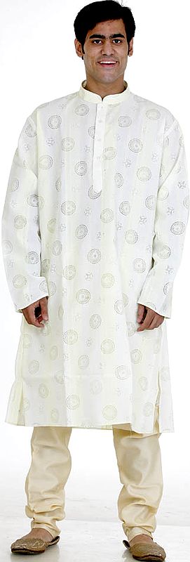 Powder-Yellow Kurta Pajama with All-Over Design in Self