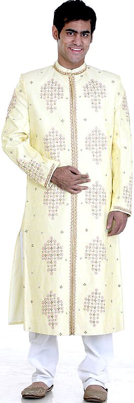 Powder-Yellow Wedding Sherwani with All-Over Embroidery