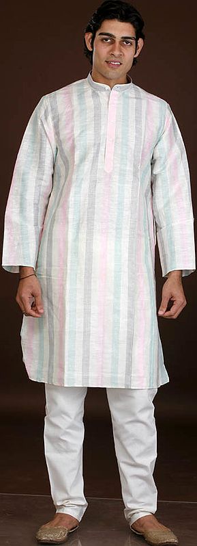 Pure Silk Kurta Set with Multi-Color Stripes