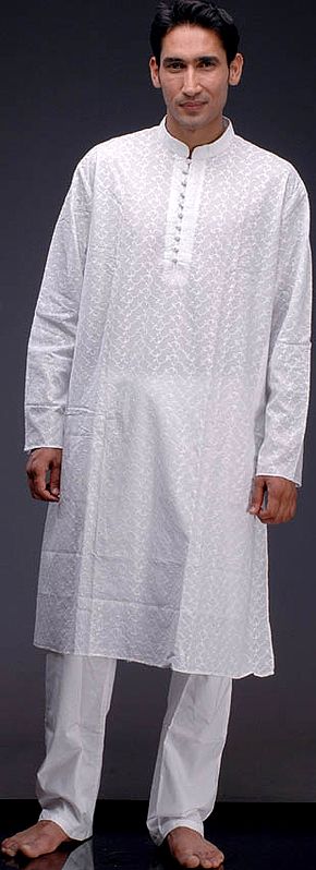 Pure White Kurta Set with Lukhnavi Chikan Embroidery