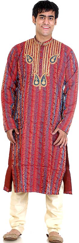 Red and Peacock-Blue Kurta Set with Beadwork on Neck