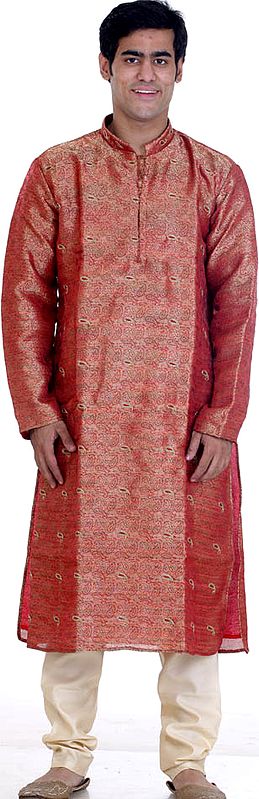 Red Brocaded Kurta Set with All-Over Embroidered Paisleys