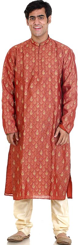 Red Brocaded Kurta Set with All-Over Embroidered Paisleys and Sequins