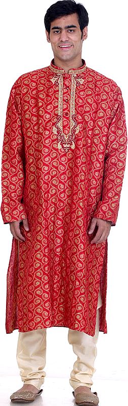 Red Brocaded Kurta Set with All-Over Golden Thread Weave