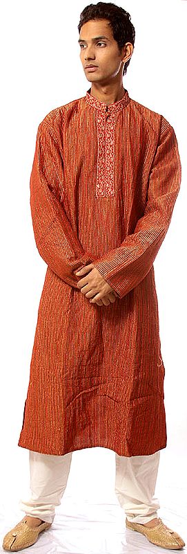 Red Kurta Set with Intricate Embroidery on Button Palette and All-Over Golden Thread Weave