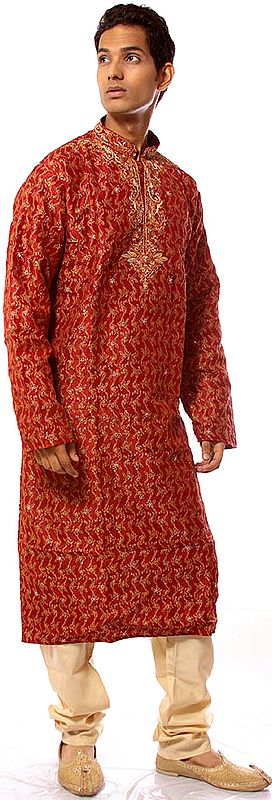 Red Wedding Kurta Set with Multi-Color Embroidery on Neck