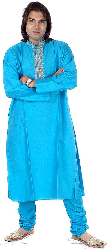 Robin-Egg Blue Kurta Set with Embroidery on Button Palette