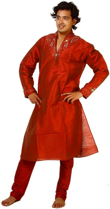 Ruby Wine Wedding Kurta Pajama with Sequins and Beads Embroidered on Neck