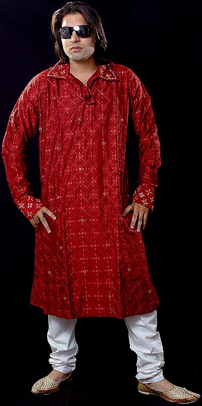 Ruby-Red Kurta Set with All-Over Embroidery and Beadwork