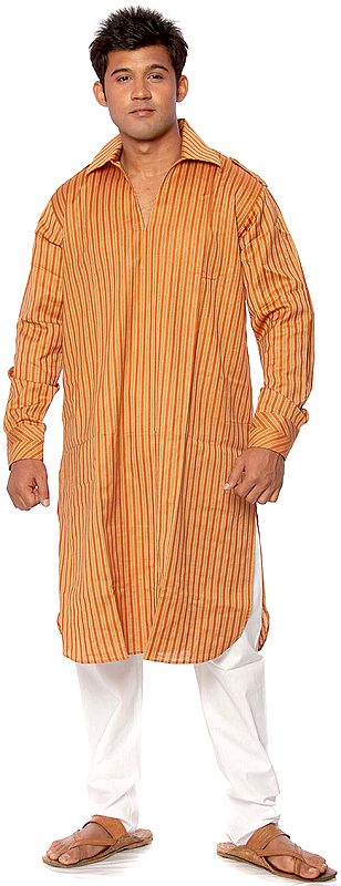 Rust Khadi Kurta Pajama with Woven Stripes