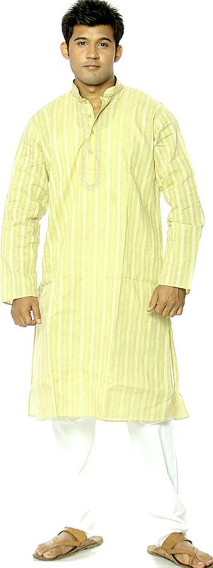 Sage-Green Kurta Pajama with Woven Stripes and Embrodiery on Neck