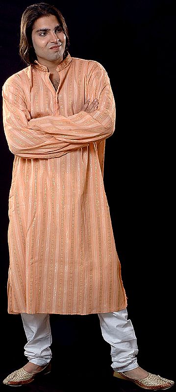 Salmon Kurta Set with Golden Thread Weave and Vertical Stripes