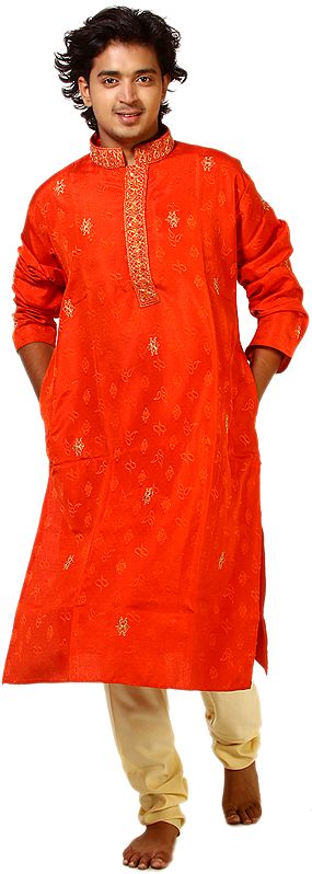 Scarlet Kurta Pajama with Thread Weave and All-Over Embroidery