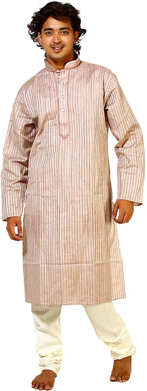 Shadow-Mauve Kurta Pajama with Embroidery on Neck and All-Over Woven Stripes