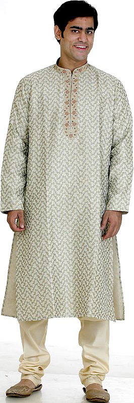 Silk Kurta Set with Paisleys Woven in Gold Thread All-Over and Embroidery on Neck
