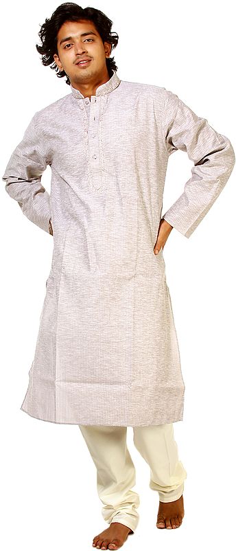 Silver-Gray Kurta Pajama with Embroidery on Neck and Dotted Stripes