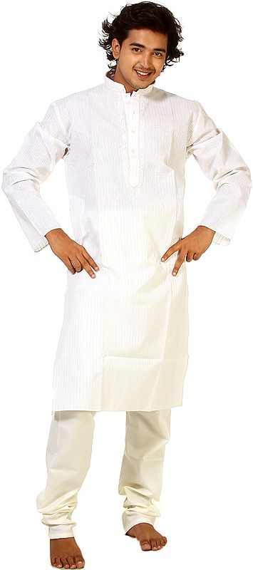 Ivory kurta Pajama with Embroidery on Neck and Woven Stripes