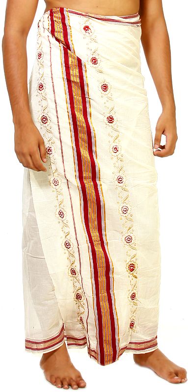 Ivory Dhoti from Kerala with Golden Thread Weave and Embroidered Flowers on Border